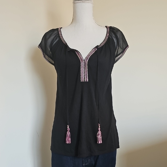 White House Black Market Tops - WHBM Black and Pink Embroidered Women's Top